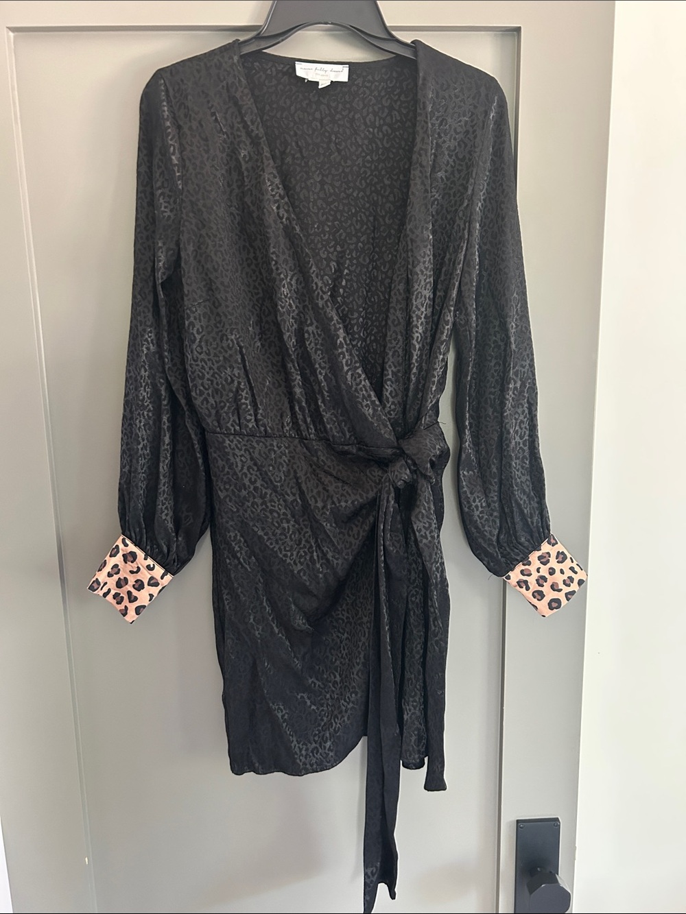 Never Fully Dressed Black Wrap Dress with Pink Leopard Cuffs